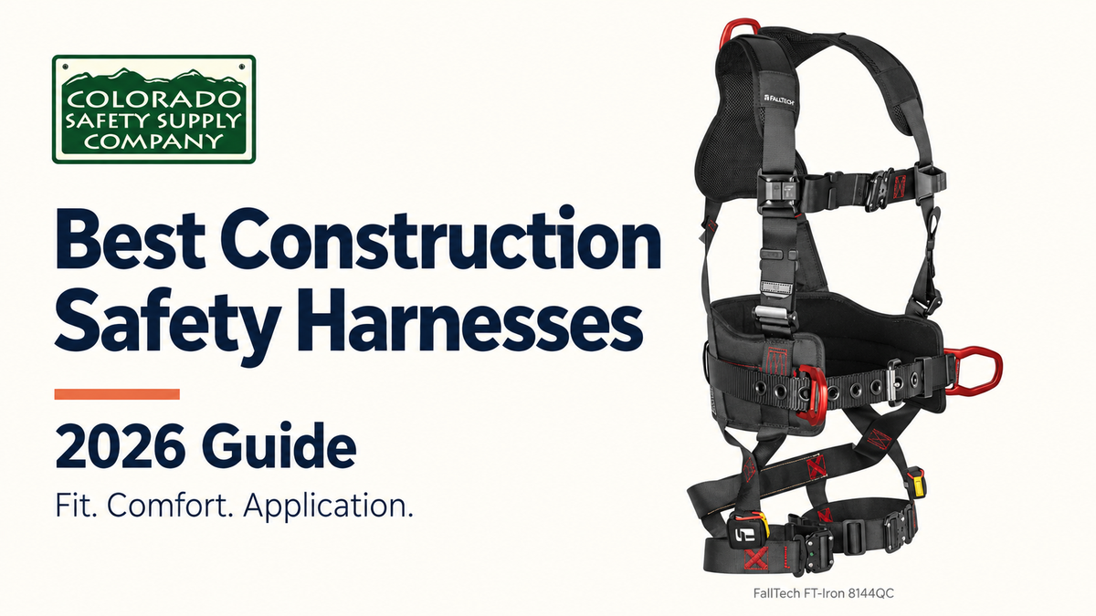 FallTech FT-Iron construction harness beside the Colorado Safety Supply Company logo and “Best Construction Safety Harnesses: 2026 Guide” heading.