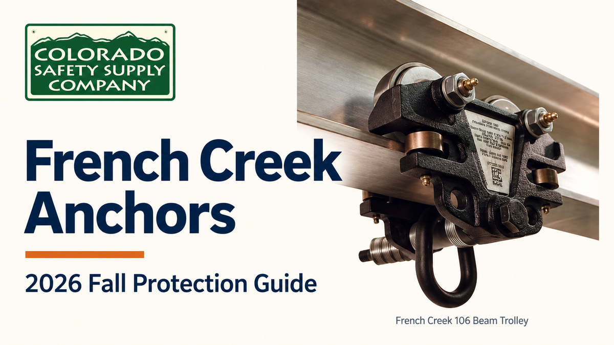 French Creek beam trolley on a steel beam beside the CSSC logo and “French Creek Anchors: 2026 Fall Protection Guide” heading.