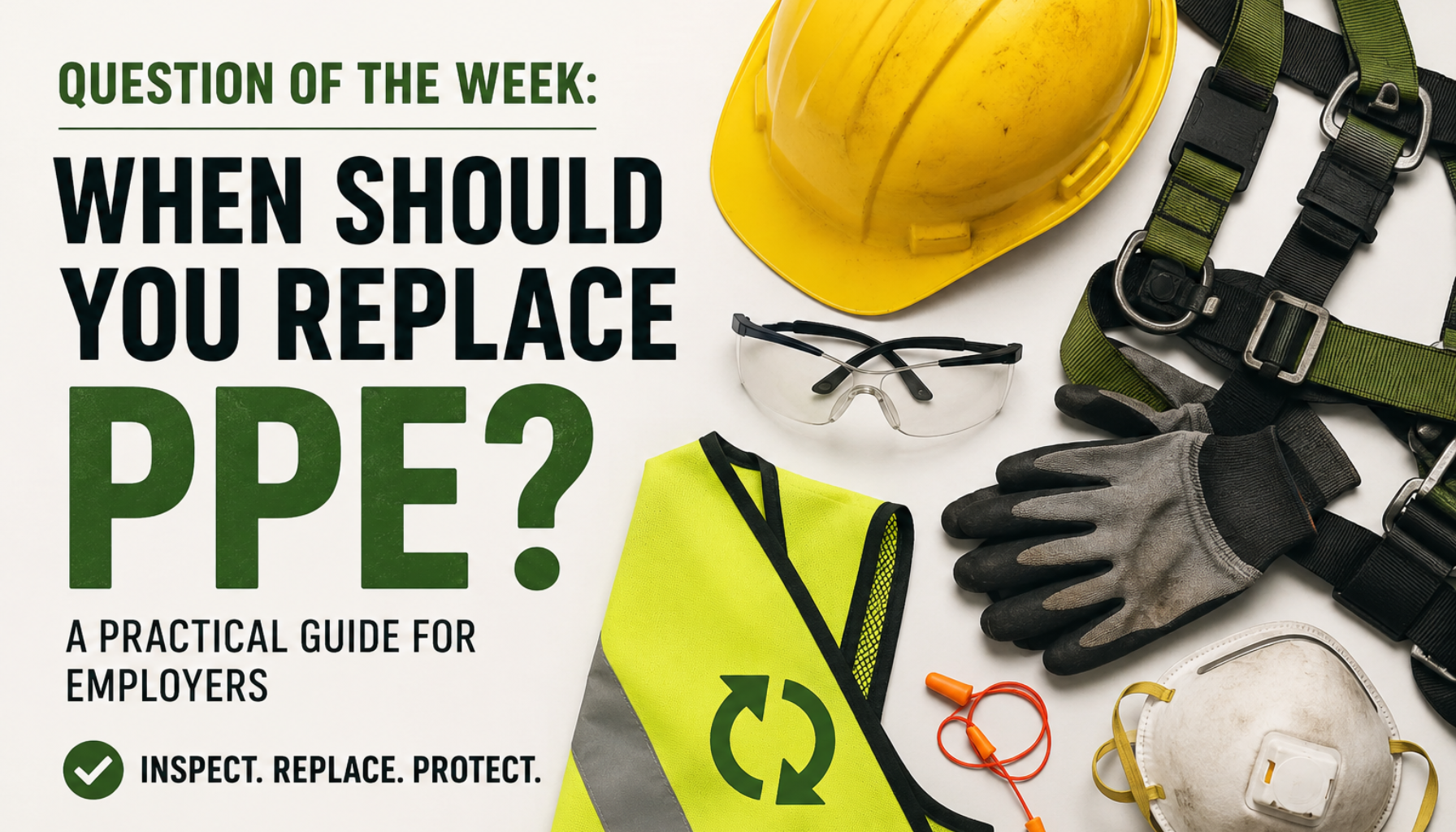 Hard hat, safety glasses, gloves, high-visibility vest, respirator, and hearing protection illustrating a PPE replacement guide for employers.