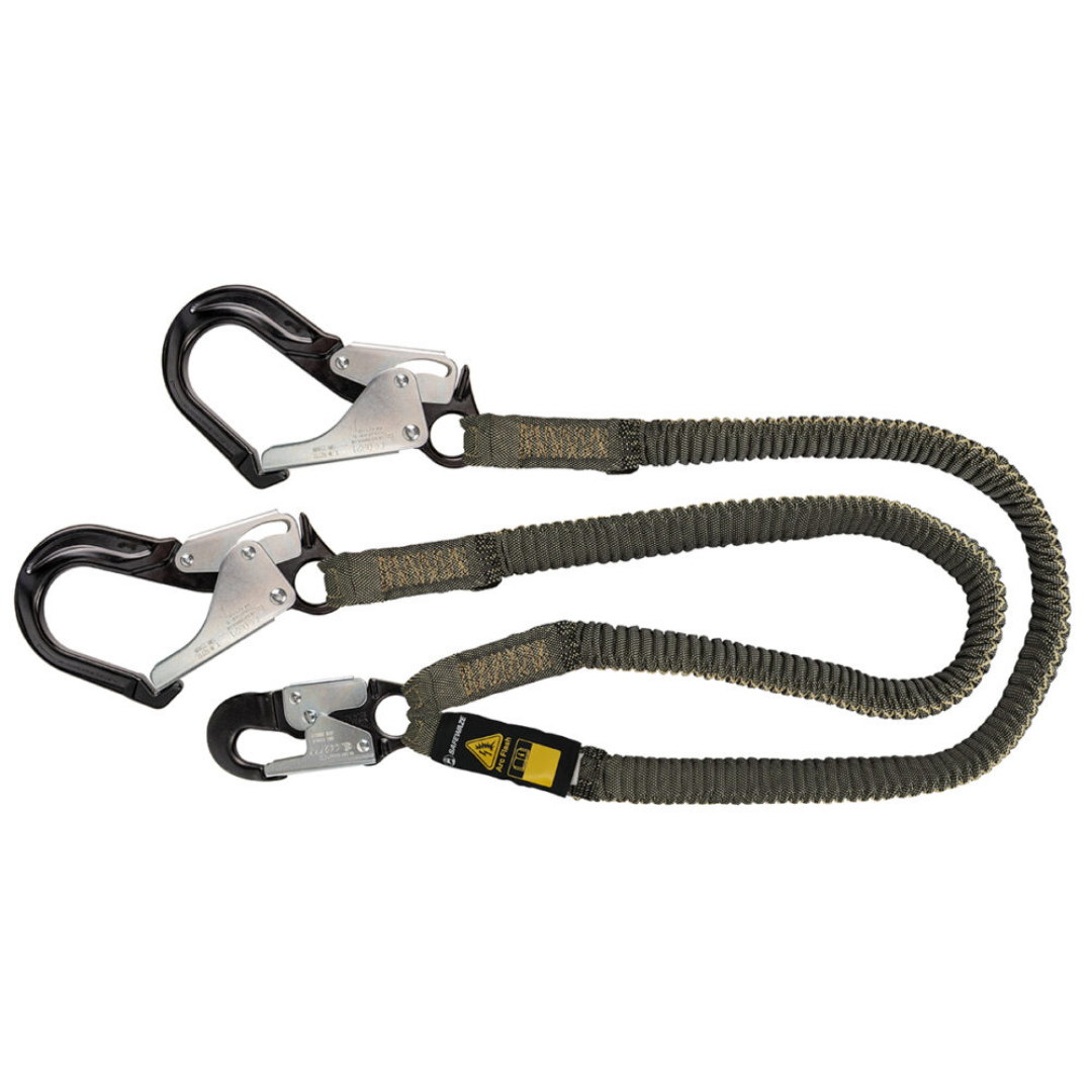 Arc Flash 6′ Stretch Internal Energy Absorbing Lanyard: Aramid, Dual Leg, Alu Rebar Hooks