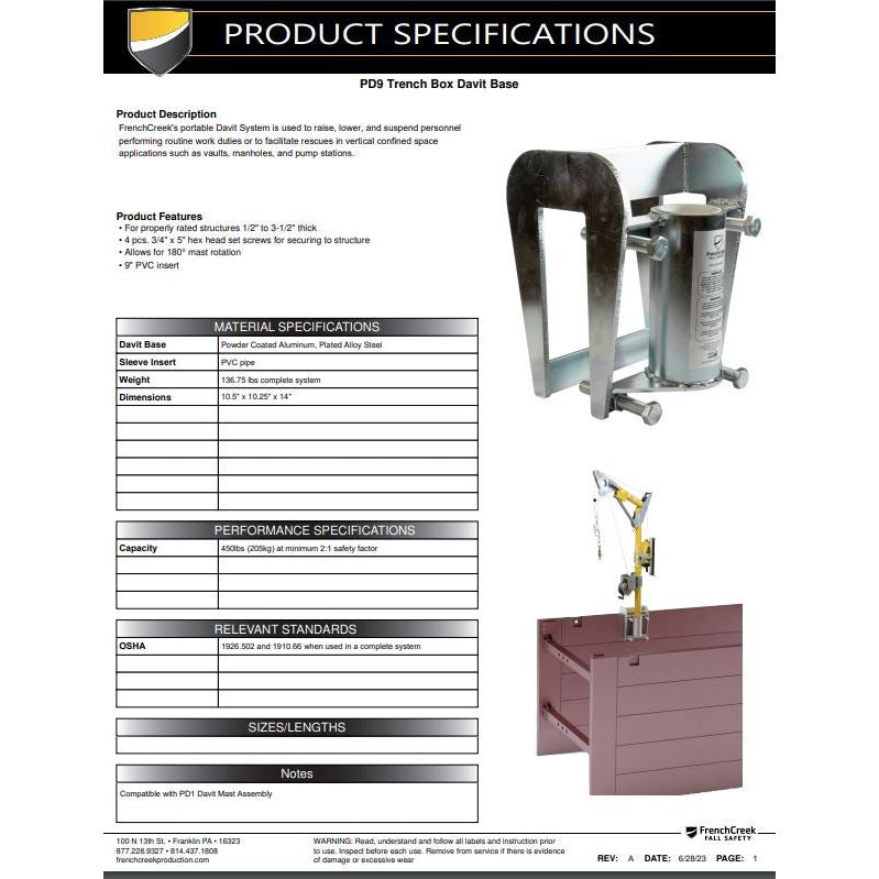 PD9 Davit System Barrell / Trench Box Base