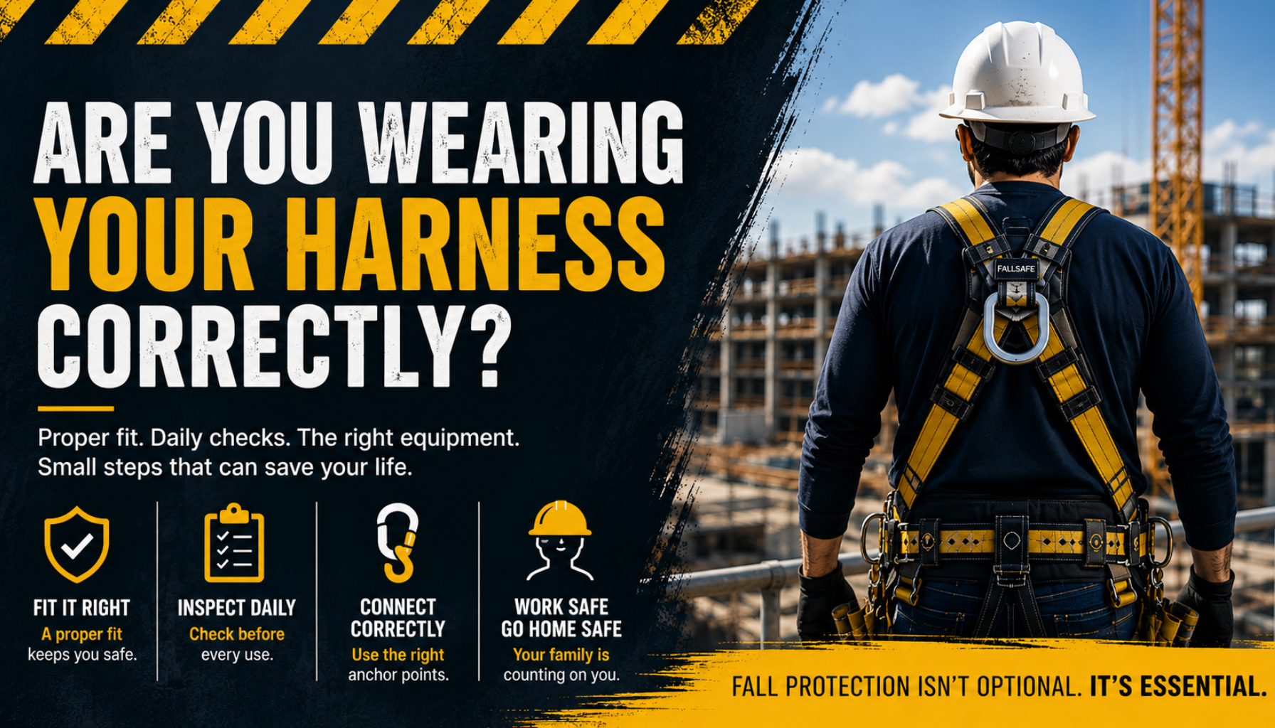 Construction worker wearing a full-body safety harness at an active job site with bold text about fall protection, proper harness fit, daily inspections, and workplace safety.