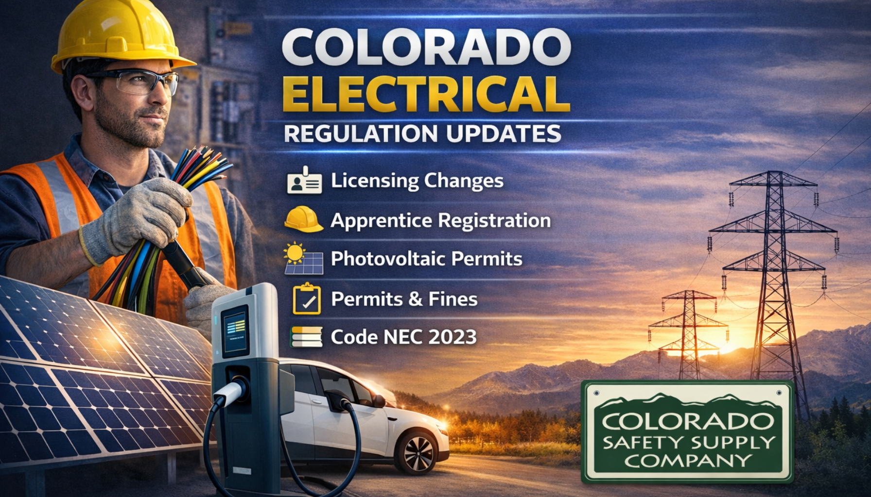 Wide banner showing an electrician with solar panels and EV charger, titled “Colorado Electrical Regulation Updates,” with Colorado Safety Supply logo.