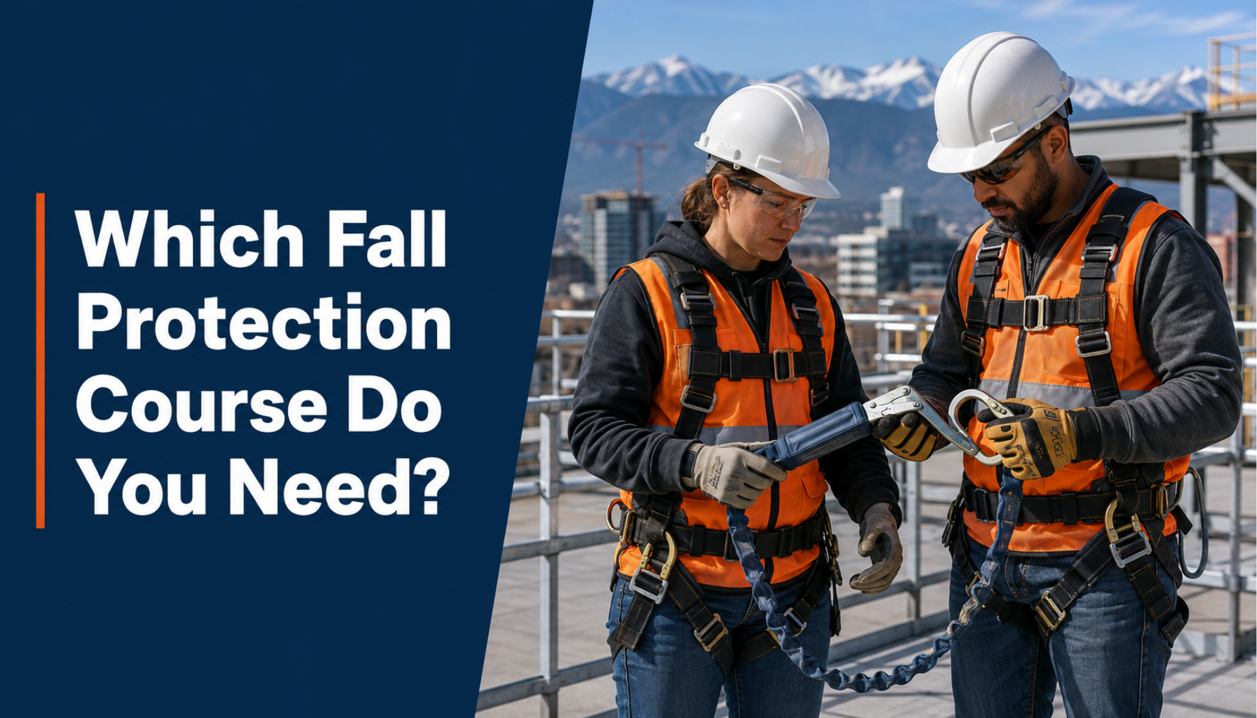 Workers inspecting fall protection equipment on a Denver construction site.
