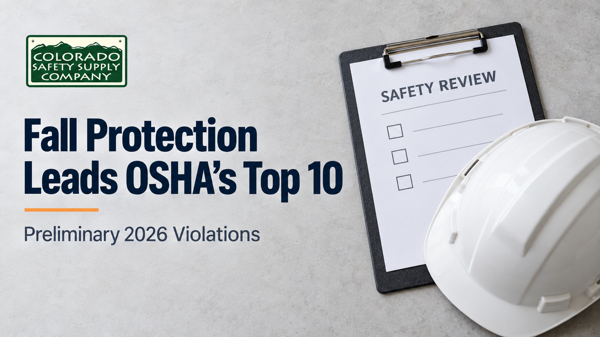 White hard hat and safety review clipboard beside the CSSC logo and headline about fall protection leading OSHA’s preliminary 2026 Top 10 violations.
