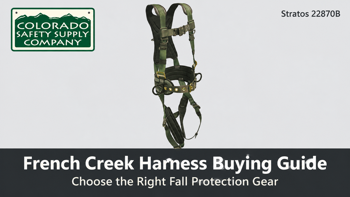 French Creek Stratos 22870B harness with the CSSC logo and “French Creek Harness Buying Guide” headline.