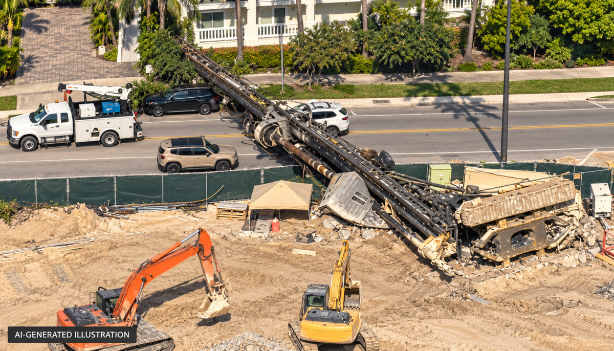 Aerial illustration of a fallen piling rig extending across a road beside a construction site.