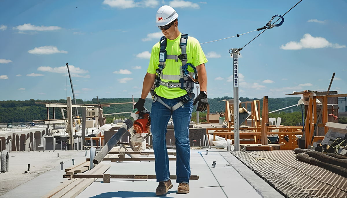 Construction worker wearing a fall protection harness, hard hat, and high-visibility shirt on an elevated jobsite.