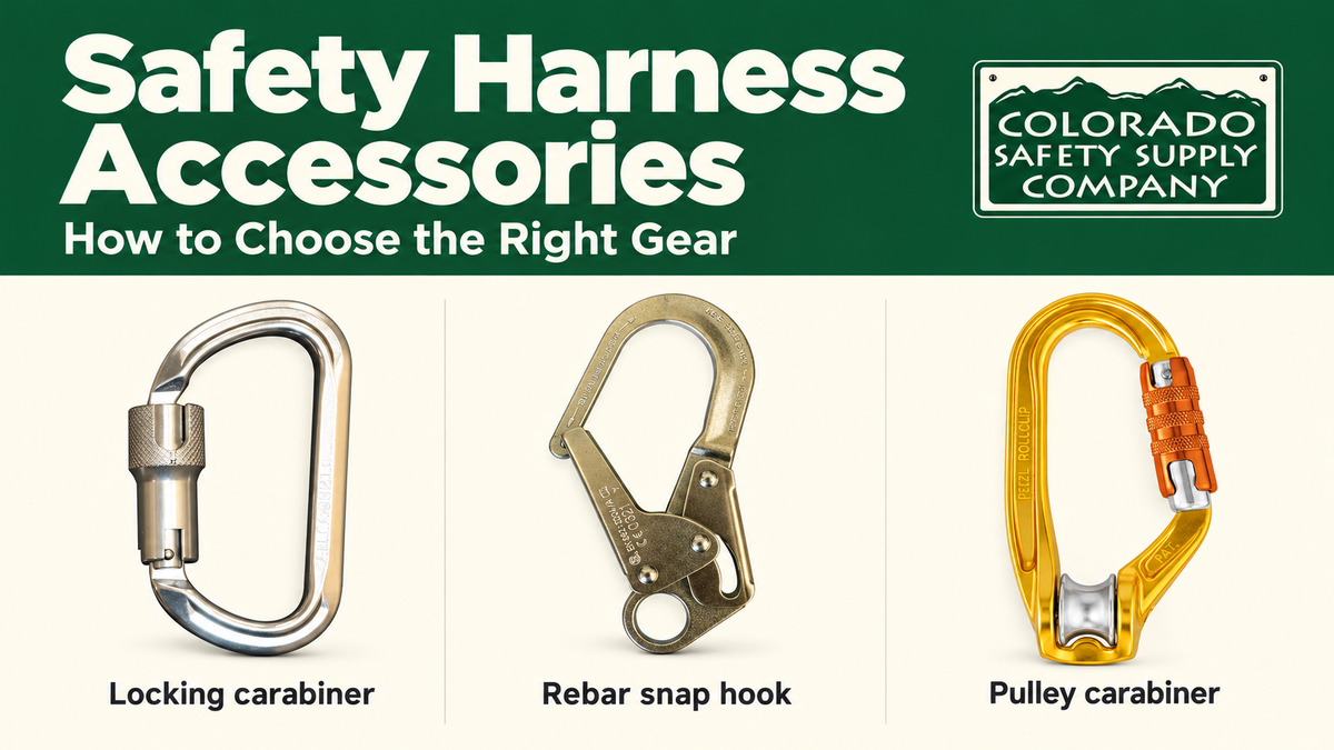 Safety harness accessories buying guide featuring a locking carabiner, rebar snap hook, and Petzl pulley-carabiner beneath the Colorado Safety Supply Company logo.