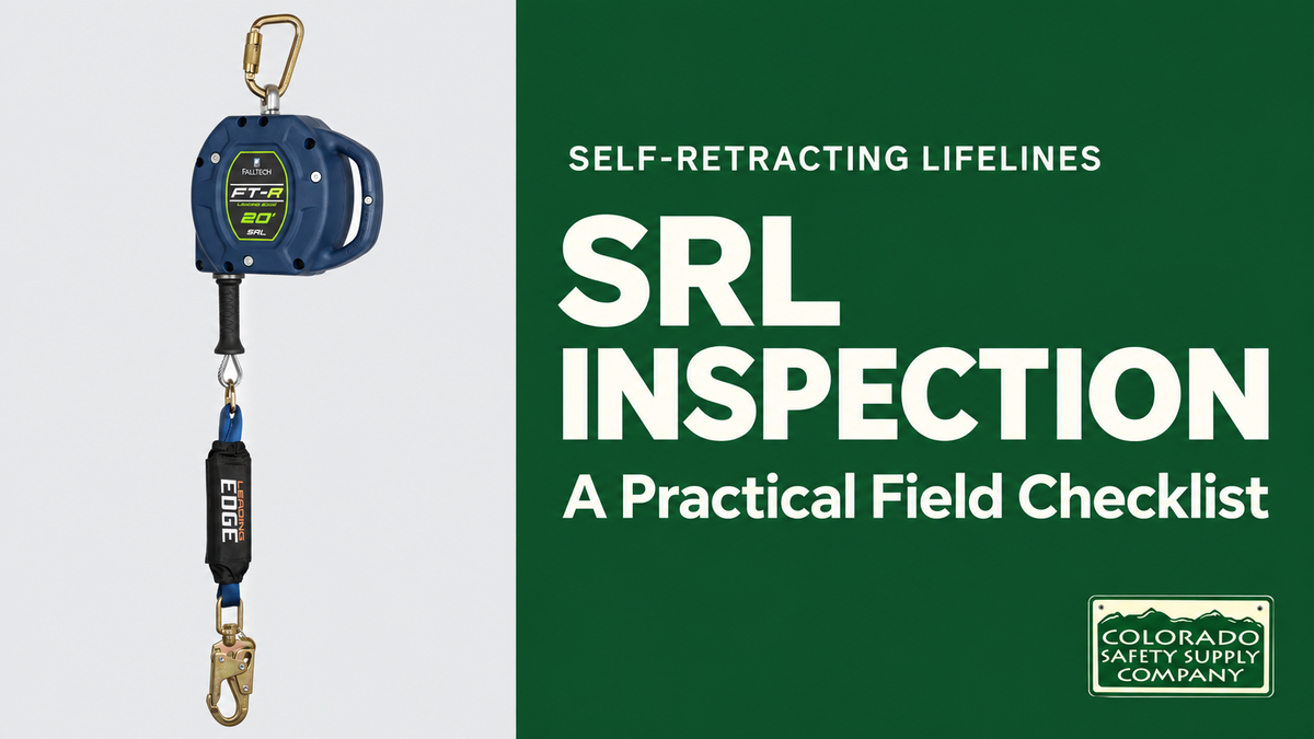 FallTech FT-R self-retracting lifeline beside a green panel reading “SRL Inspection: A Practical Field Checklist,” with the Colorado Safety Supply Company logo.