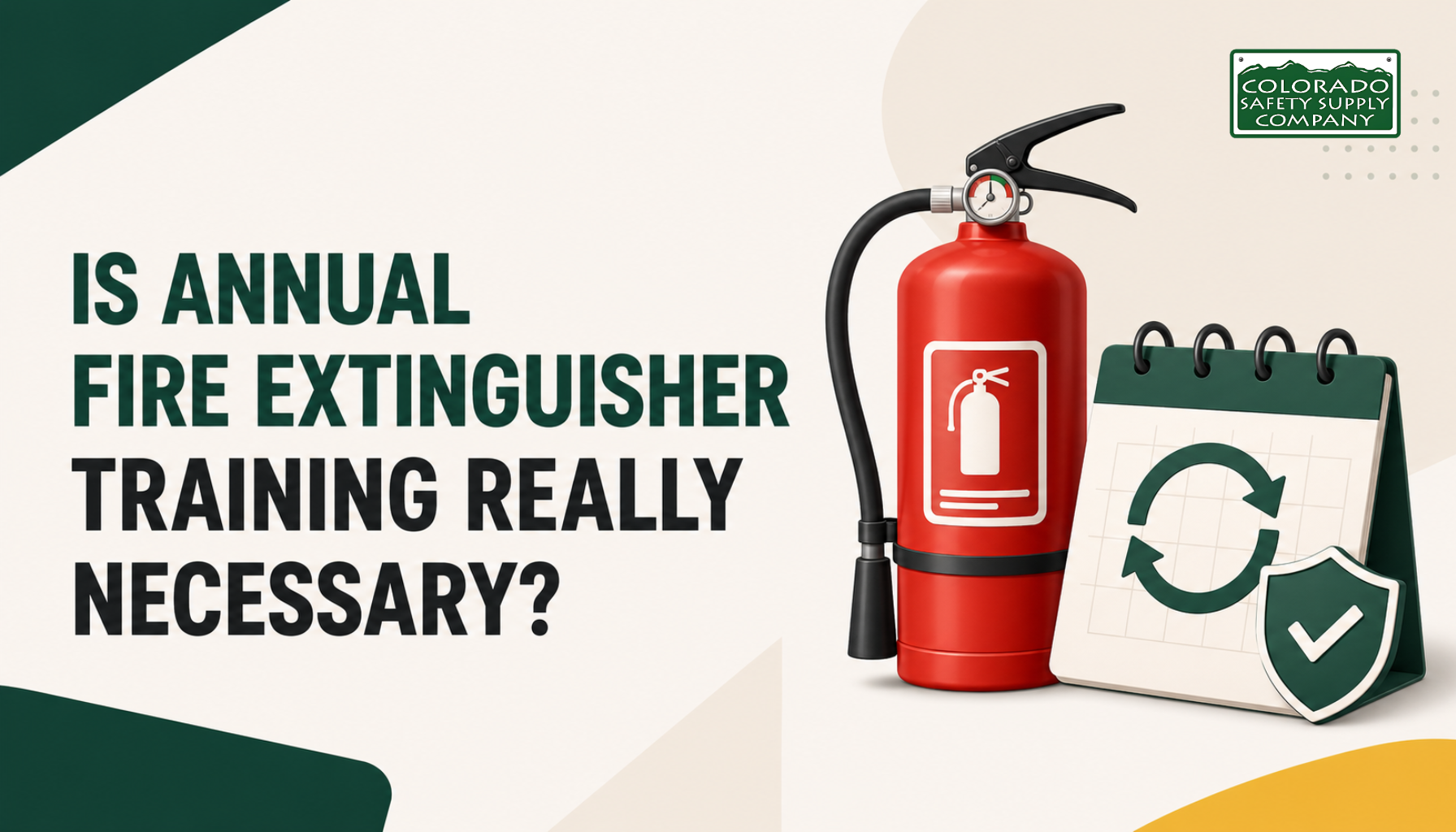 Fire extinguisher beside an annual training calendar illustrating the importance of yearly workplace fire extinguisher training.
