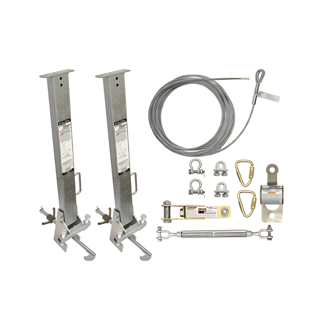 FallTech - SteelGrip Temporary Cable HLL System and Stanchions with beam clamps