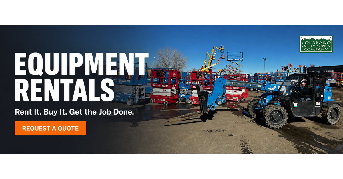 Colorado Safety Supply equipment rentals banner featuring a blue telehandler and rows of scissor lifts with a Request a Quote button.