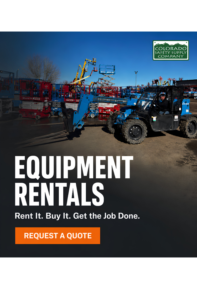 Colorado Safety Supply equipment rentals banner featuring a blue telehandler and rows of scissor lifts with a Request a Quote button.
