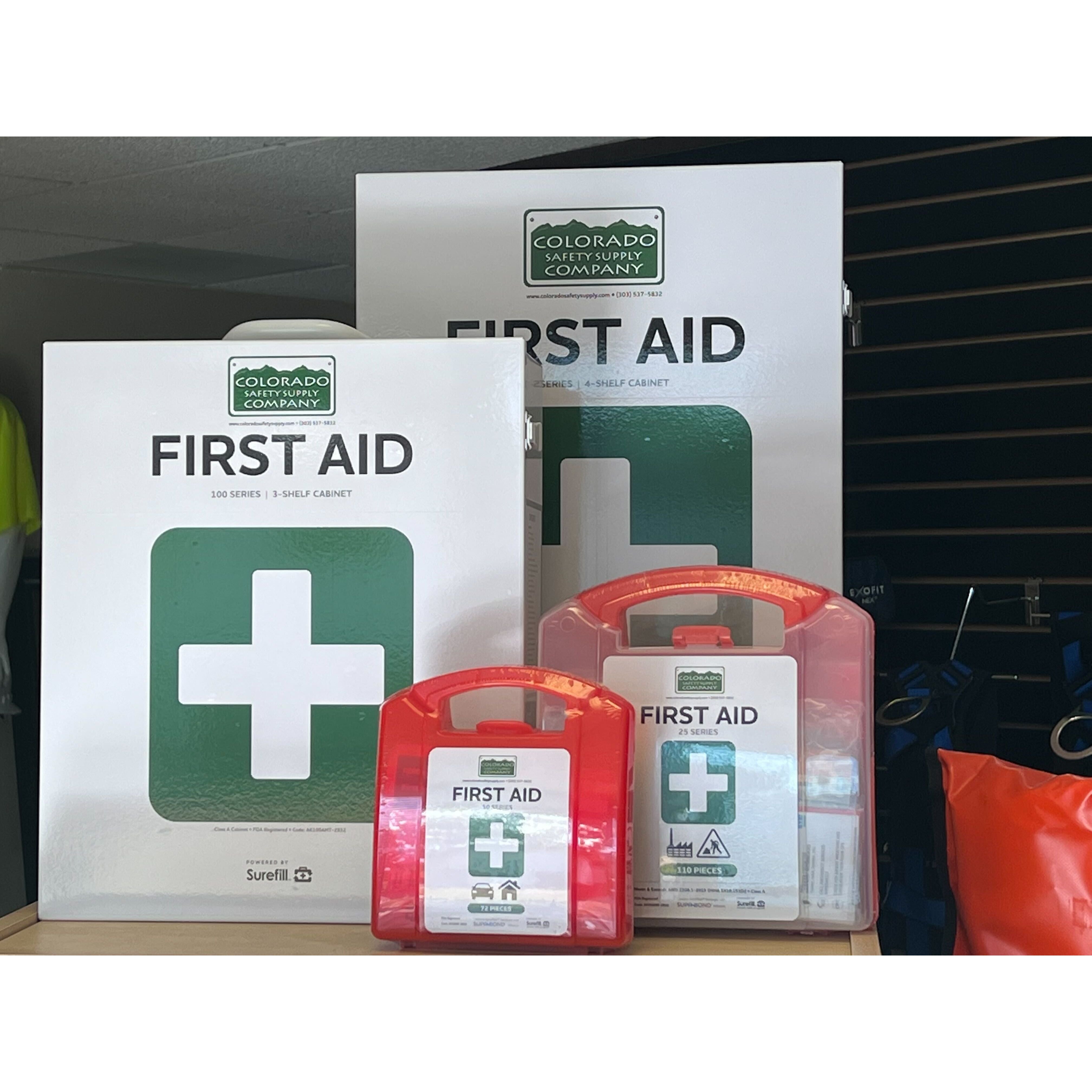 Comprehensive first aid kit with essential medical supplies for homes, offices, and job sites. Call 303-537-5832 for pricing.