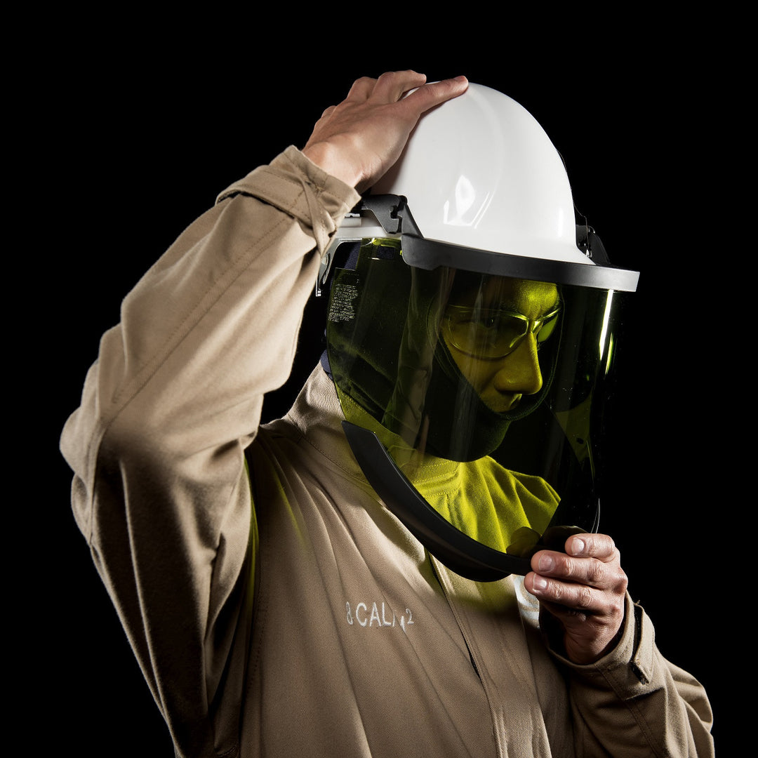 AFW032-CLEAR (not green as pictured) 12 cal/cm2 High Performance Shield Kit includes: Head Gear, Hard Hat, Chin Guard, Shield and Hardware